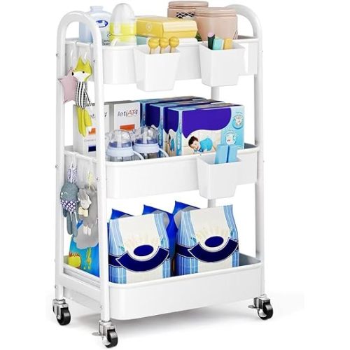 Baby Diaper Caddy, 3 Tier Rolling Baby Essentials Storage Cart with Wheels, Newborn Must Haves Stuff Organizer, White Three Tiered Utility Carts for Art, Craft, Changing Diaper Table, Nursery, Crib