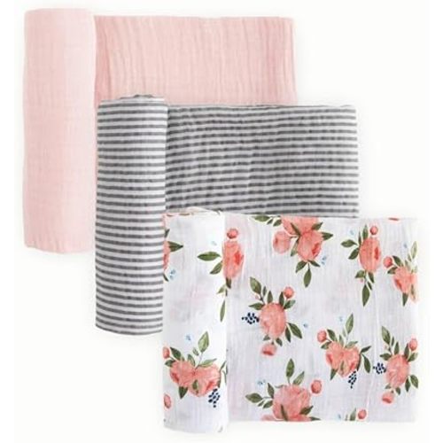 Little Unicorn Muslin Swaddle Blanket for Newborns & Infants | Soft & Breathable Fabric | Set of 3 Baby Blankets for Swaddling, Nursing, Shower Gifts (Watercolor Roses 2)