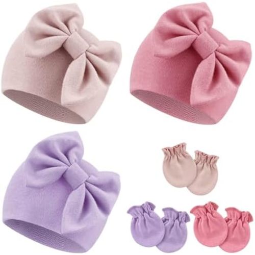 Newborn Baby Hats and Mittens Set Infant Bow Beanie Cap Toddler Gloves Newborn Hospital Hats for Baby Boy Girl Kid 0-6 Months