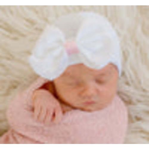 Sophie White Big Ribbon Bow with Pink Ribbon Center Newborn Hospital Beanie Hat Infant Hat Newborn Hat