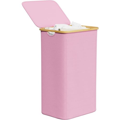 SpaceAid Laundry Hamper with Lid, 110L Large Tall Clothes Basket Bin with Bamboo Handles, Collapsible Laundry Hamper for Bedroom, Bathroom, Dorm, Laundry Room - Pink