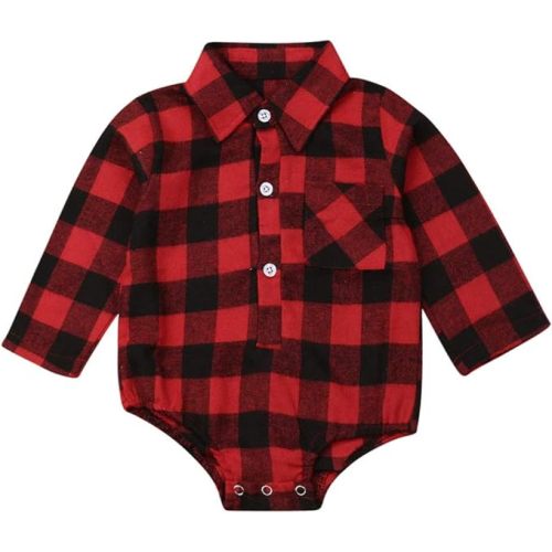 CIYCUIT Baby Boy Flannel Print Plaid Shirt Long Sleeve Button Romper Bodysuit Clothes - Red - 6-12 Months