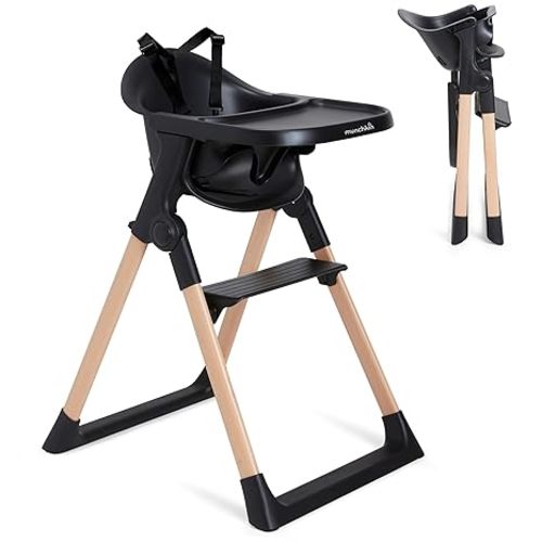 Munchkin Float Baby High Chair for Babies and Toddlers, Foldable for Easy Storage, Black with Wooden Legs