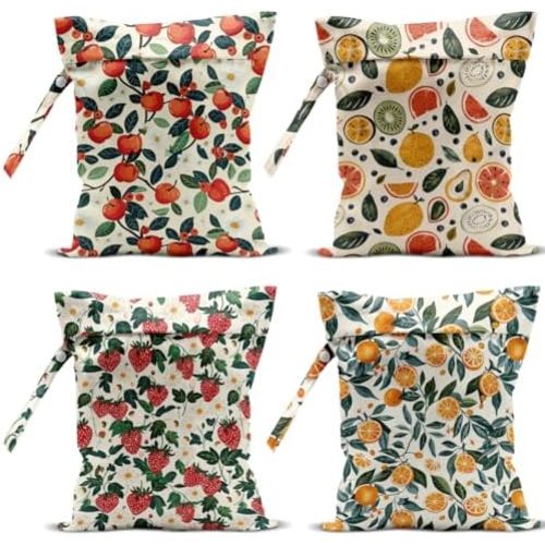 4 Pack Cute Fruit Wet Bag Waterproof Washable Reusable Wet Dry Bag for Swimsuit Clothes Cloth Diaper Travel Beach Pool Yoga Gym Toiletries Travel Beach Essentials Strawberry Orange Apple