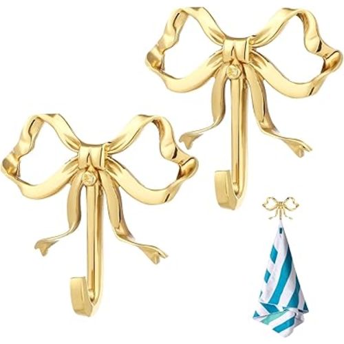 2pcs Samll Bow Hooks Bowknot Hook Bathroom Decor,Gold Brass Bow Hook Decorative Wall Hanger Towel Hooks Wall Mounted Functional Holder for Wedding Bathroom Living Room Kitchen Decor(2.55in/6.5cm)