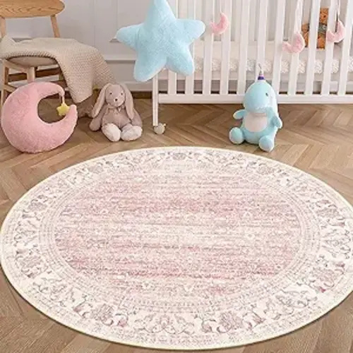 Pink Round Rug 4ft, Washable Boho Area Rug for Bedroom Living Room Dining Room Bedroom Kitchen, Ultra Soft Floral Vintage Distressed Carpet Non Slip, Small Circle Rug for Home