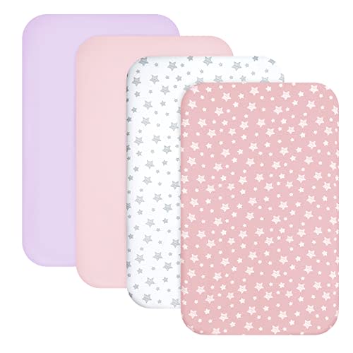 Mini Crib Sheets Fitted 4 Pack for Girls (38" X 24"), Compatible with Dream on Me, Delta Porta Crib and Arms Reach Ideal Cosleeper, Pink