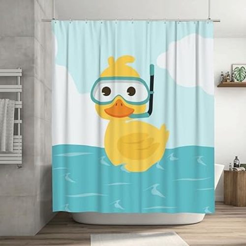 Lovetar Cute Duck Kids Shower Curtain Washable Waterproof Fabric Cartoon Funny Shower Curtains Bath Set for Bathroom with Hooks Decor Art - 72"X72"