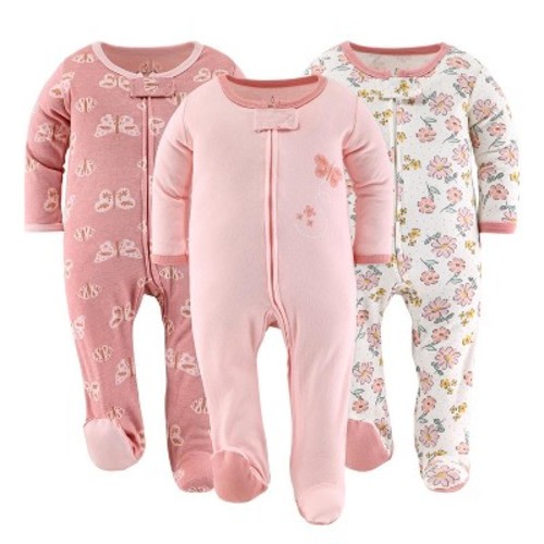 The Peanutshell Boho Butterfly Footed Baby Sleepers for Girls, 3 Pack, 3-6 Months, Pink
