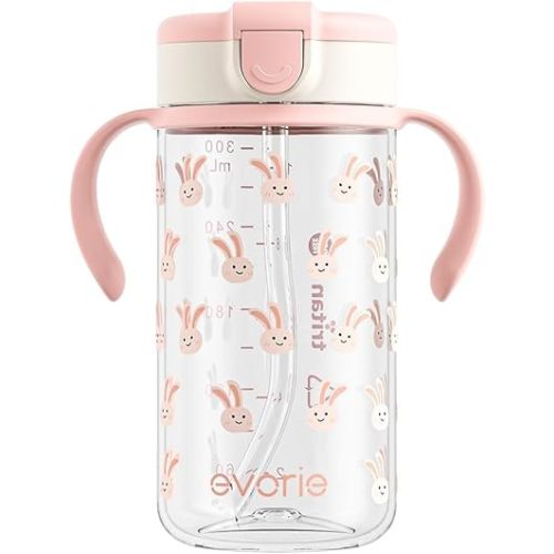 Evorie Tritan Toddler Sippy Cup with Silicone Straw, Spill-Proof Straw Water Bottle for Kids 1-2 Years Old, 10 oz, Removable Handles, Ideal for School（ Pink Rabbit）