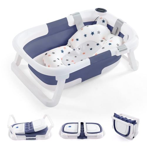 Baby BathTub, 4-in-1 Newborn to Toddler Tub with Temperature Sensor,Infant Waterproof Ear Cap and Soft Cushion included,Blue