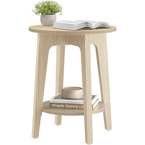VASAGLE Side Table, Small Round End Table with Lower Shelf, Nightstand for Small Spaces, Living Room, Bedroom, Natural Beige ULET283N01