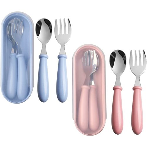4 Pcs Toddler Utensils, Toddler Forks and Spoons,stainless Steel Baby Utensils Baby Silverware Set with Storage Box for Safe Dining - 2 Set with Case