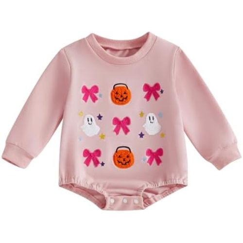 Newborn Baby Girl Halloween Outfit Ghost Pumpkin Embroidery Bubble Romper Sweatshirt Fall Winter Clothes