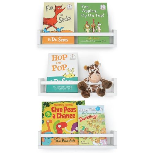 Nursery Book Shelves for Wall, 16.5 Inch Solid Wood Floating Nursery Bookshelf, Wooden Floating Shelves for Toys and Decor Storage, 16.5 Inch Set of 3 White