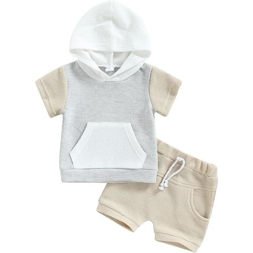 Kayotuas Toddler Baby Boy Summer Clothes Cute Short Sleeve Hooded Tshirt Top and Casual Shorts Set Infant 2 Piece Outfits - Grey Waffle Knit - 6-12 Months
