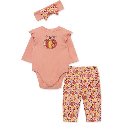 Baby Pumpkin Cotton Bodysuit, Leggings & Headband Set, Pink