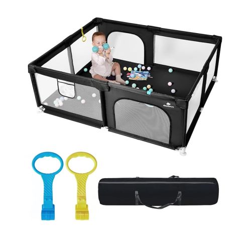 71" x 59" Extra Large Baby Playpen for Babies and Toddlers, Safe Activity Center with Soft Play Fence, Indoor Safety Yard, Easy to Assemble and Clean (Black)