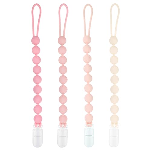 MINMUNJIU Baby Girl Newborn Essentials, 4 Pack Silicone Pacifier Clips for Girls, One Piece Flexible Soft Binky Clips Baby Stuff and Gifts for Girls
