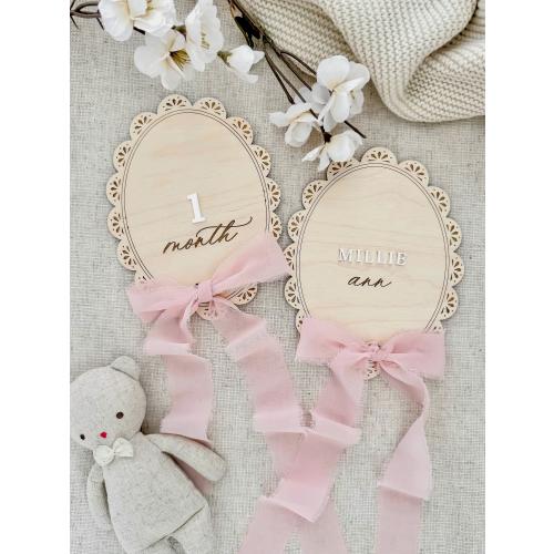 Wooden Lace Ribbon Bow Interchangeable Milestone Marker, Personalized Name Disc, Baby Monthly Milestone, Nursery Decor, Baby Shower Gift
