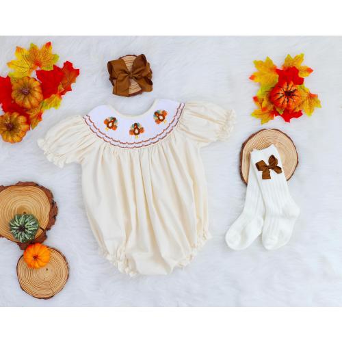 Turkey Smocked Bubble Thanksgiving Romper in Yellow, Embroidered Turkeys Romper, Cute Fall Outfit, Baby Toddler Girl Bubble, Pumpkins