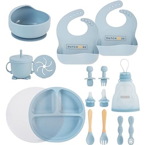 Silicone Baby Feeding Set with Divided Suction Plate and Bowl, 2 Bibs, Breast Milk Storage Bags,