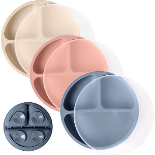 WeeSprout Suction Plates for Babies & Toddlers 100% Silicone Divided Design - With Lids, 3 Pack (Matte Blue, Pink & Off White)