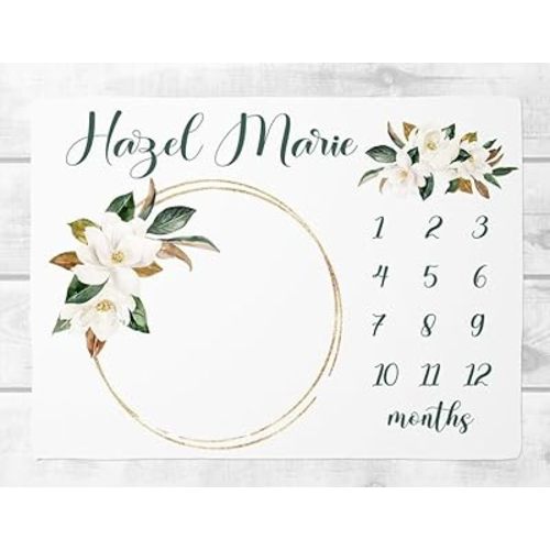 Personalized Floral Milestone Blanket - Magnolia Blanket - Magnolia Milestone Blanket - White Floral Blanket for Baby Girls - Baby Shower Blanket - Baby Growth Track Blanket - Baby Month Blanket