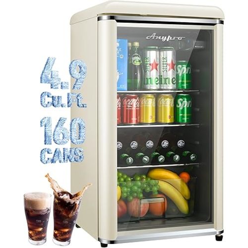 Small Beverage Refrigerator Cooler, 4.9 Cu.Ft Retro Mini fridge with Double Tempered Glass Door, 160 Can Wine Drink Beer Fridge for Office Bedroom Bar, 7 Temperatures and Adjustable Shelves
