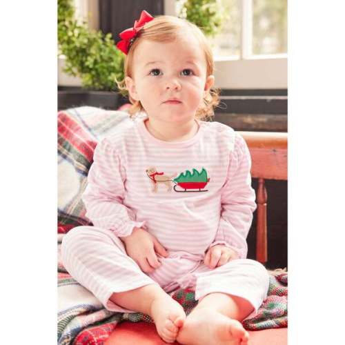 Holiday Lab Applique Round Neck Long Sleeve Ruffled Romper, Pink & White - Little English | Maisonette