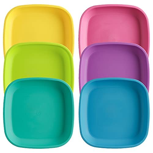 Re-Play Toddler Plates - 22 Oz. Deep-Walled Flat Kids Plates - Dishwasher & Microwave Safe - Made in USA - Set of 6-7.37" x 7.37" x 1.25" - Sorbet