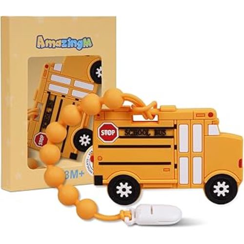 Baby Food Grade Silicone Carrier Vehicle Teether Toy with Pacifier Clip Holder,Teething Toys Gift Set for 3 Months+ Boys and Girls,Freezer Safe,BPA Free.(School Bus)