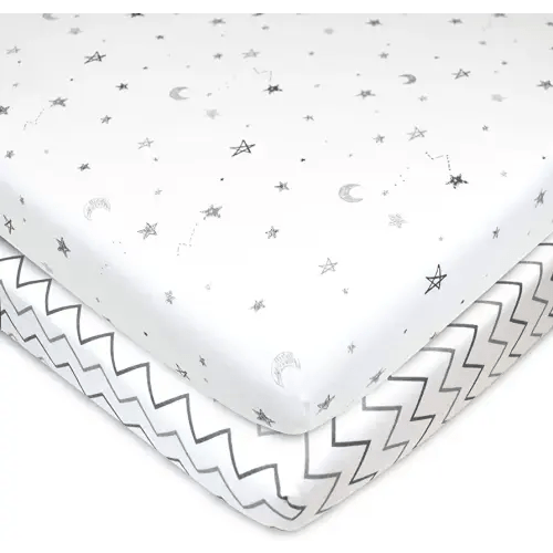 TL Care 2 Pack Printed 100% Natural Cotton Jersey Knit Fitted Pack N Play Playard Sheet, Gray Star/Gray Zigzag, Soft Breathable, for Boys and Girls