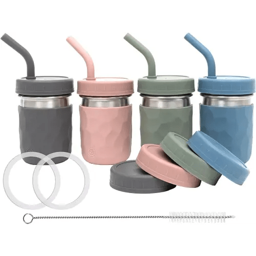 WeeSprout 2-in-1 Drinking Cups for Kids, Durable Stainless Steel Tumbler for Smoothies, Silicone Straws with Stoppers, Premium Plastic Twist Lids, Easy-Grip Sleeves, Set of 4 Dishwasher Safe Kid Cups