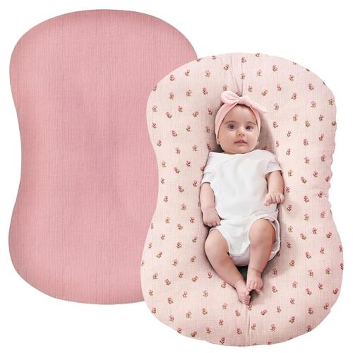 FUNUPUP Muslin Baby Lounger Cover Compatible with Snuggle Me Lounger, Infant Lounger Pillow Cover for Newborn, Removable Newborn Lounger Cover for Boys and Girls, Only Cover, Pink&Pink Flower