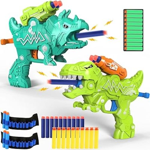 Dinosaur Toy Guns for Toddlers Age 3-5, Small Easy Dino Blaster Toys for 5-7 Year Old Boys with 30 Foam Darts Compatible with Nerf Guns, Kids Idea Birthday Gift Christmas, 2 Pack