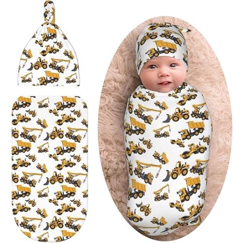 Truck Tractor Newborn Swaddle Blankets Baby Stuff Soft Construction Machinery Excavator Swaddle Sack Swaddling Blanket With Beanie Sets Gifts For Infant Boys Girls