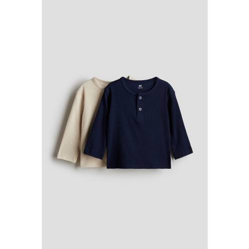2-pack Ribbed Jersey Shirts, Round Neck, Long sleeve, Navy blue/light beige