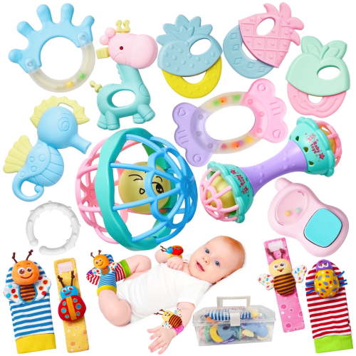 15PCS Baby Rattles 0-6 Months Baby Girl Boy Toys Infant Toys 6-12 Months Teething Toy 3-6 Months with Wrist&Ankle Rattles Newborn Toys Gifts 0-3 Months with Box