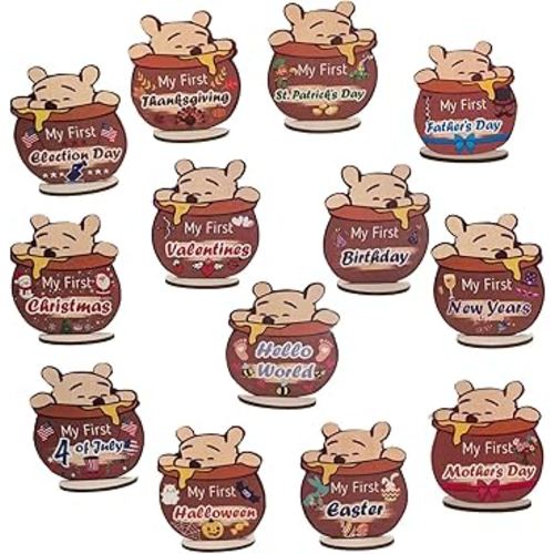 The Winnie Bear My First Holiday Set, Wooden Baby Photography Props, Newborn Photo Shoot Accessories for My First St Patricks, Easter, Birthday with Hello World Sign 7 Pcs Double Sided