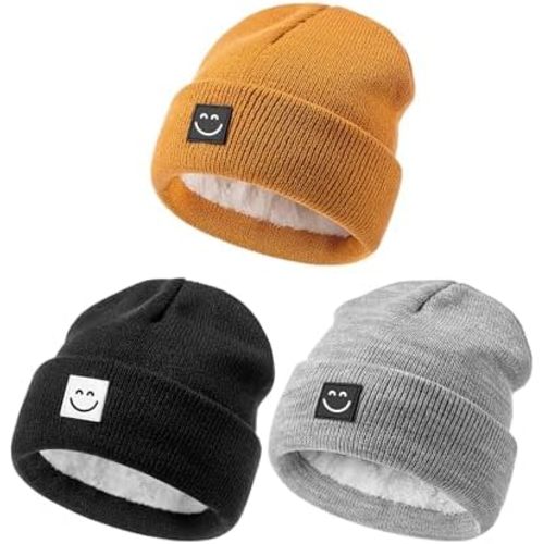 Baby Beanie Hat 3 Packs with Cute Smiley Face, Toddler Girls Boys Baby Hats Winter, Kids Winter Hat Cold Weather