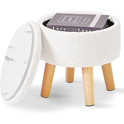 IBUYKE 13 Inch Foot Stool Ottoman with Storage, Round Small Foot Rest with Padded Seat and Wood Legs, Teddy Velvet Mini Footstool for Living Room Couch Bedroom Entryway, Cream WBD006W
