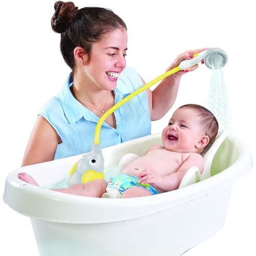 Yookidoo Baby Bath Shower Head - Water Pump with Trunk Spout Rinser - Control Water Flow from 2 Elephant Trunk Knobs for Maximum Fun in Tub or Sink for Newborn Babies(Yellow)