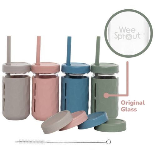 Weesprout Glass Cups With Lids & Straws, Spill-resistant Cups - 12 Oz, Set Of 4 (matte Green, Pink, Blue And Light Grey)