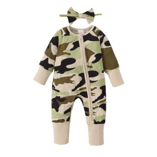 KIMI BEAR Newborn Baby Girls Bodysuits 0-3 Months Winter Clothes Long Sleeves Romper Camouflage Print Jumpsuits Zipper Overalls with headband 2pcs Green