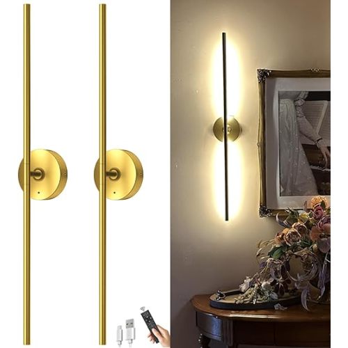 Battery Operated Wall Sconce Set of Two: Gold Wireless Rechargeable Wall Light with 10000mAh Detachable Battery and Remote, 360° Rotatable Scone Wall Decor for Bedroom Hallway Bathroom, 31.5inch