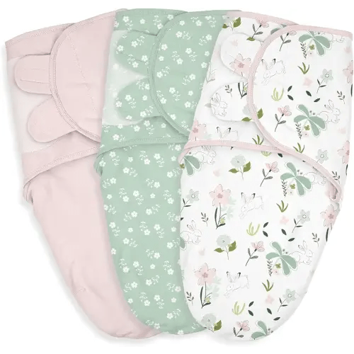 Baby Swaddle Sacks, 3-Pack Newborn Organic Cotton Swaddle Wrap, Adjustable Swaddling Blankets, Nursery Swaddling Essentials for Newborn 0-3 Months, Infant Shower Items Gift (Flowers & Rabbits)