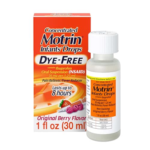 Infants’ Motrin Infant Ibuprofen Oral Suspension Concentrated Drops, NSAID Fever Reducer & Pain Reliever for Babies, Dye Free, Alcohol-Free, Berry Flavor, Includes Enclosed Syringe, 1 fl. oz