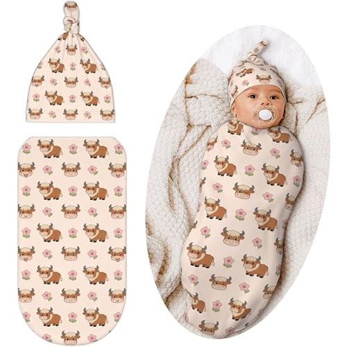 Cow Swaddle Blanket with Hat for Baby, Swaddling Highland Cow Baby Stuff