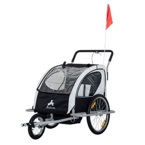 Aosom Elite Three-Wheel Bike Trailer for Kids Bicycle Cart for Two Children with 2 Security Harnesses & Storage, White
